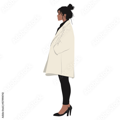 A woman in an oversized white coat illustration profile black vector