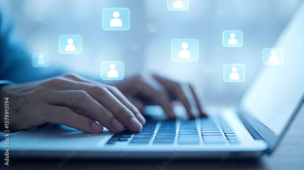 Obraz premium Connecting Globally Hands Typing on Laptop with Social Media Icons