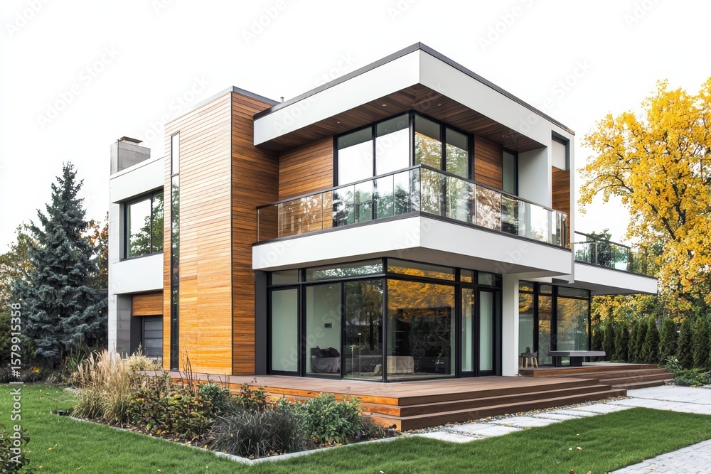 Obraz premium Modern wood and glass house exterior with fall foliage
