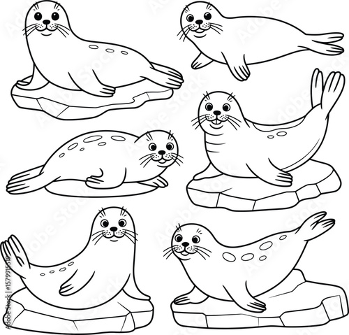 Cute cartoon seals resting on ice floes in a playful illustration