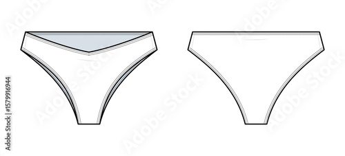 Bikini Bottom Technical Fashion Flat. Women’s Swimwear Vector Template. Front and Back View. Low-Rise Brief Style. Seamless Look. CAD Mockup.