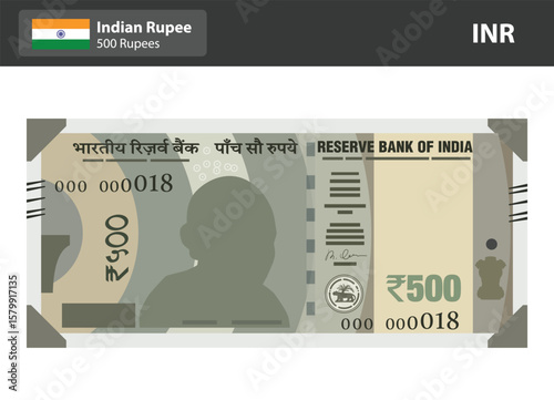 Indian 500 Rupee Currency Note Vector Illustration, Flat Design of INR ₹500 Bill, Indian Money Cash Graphic for Finance, Banking, Economy, and Payment Themes