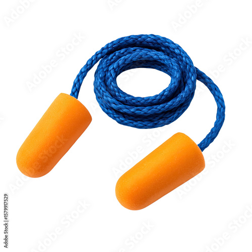 Isolate Transparent Bright safety earplugs with a blue cord, ideal for noise reduction in various environments. PNG Die-Cut