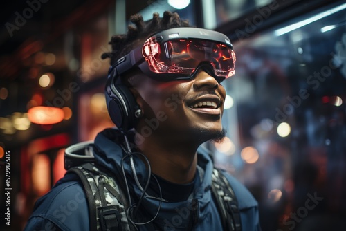 An individual wearing augmented reality glasses for navigation