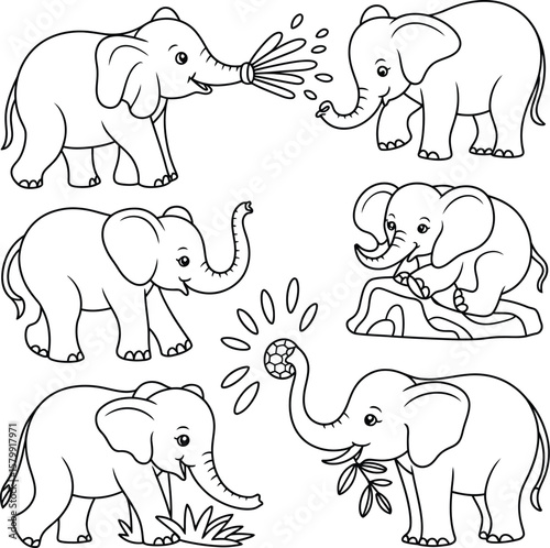 Collection of six adorable cartoon elephants engaged in various playful activities