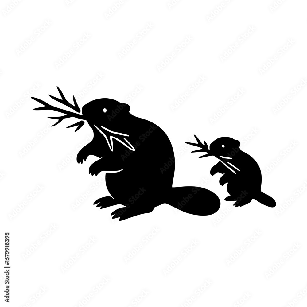 Two black silhouette beavers carrying branches on a white background Two black silhouette beavers carrying branches on a white background