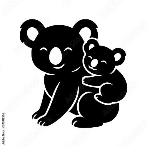 Adorable black silhouette of a mother koala hugging her baby