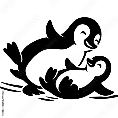 Joyful penguins playing together in a stylized black and white design
