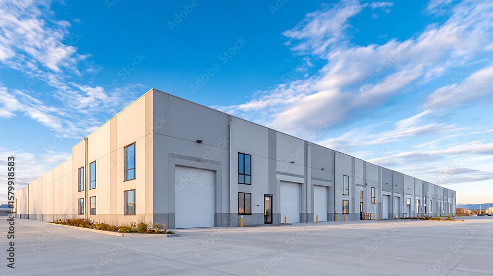 Obraz premium p3685236 487 Modern industrial warehouse with multiple garage doors under a clear blue sky 52192575 1