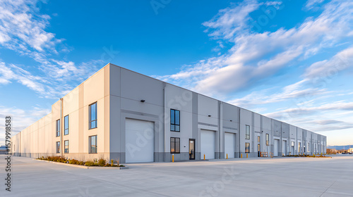 p3685236 487 Modern industrial warehouse with multiple garage doors under a clear blue sky 52192575 1