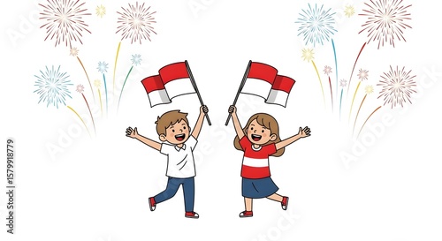 Two children joyfully wave Indonesian flags amidst colorful fireworks, celebrating a festive occasion.