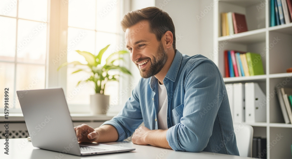 Fototapeta premium Cheerful mid adult man having video call on laptop.