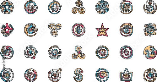 Vector art of a set of colorful spiral and swirl designs are displayed on a white background