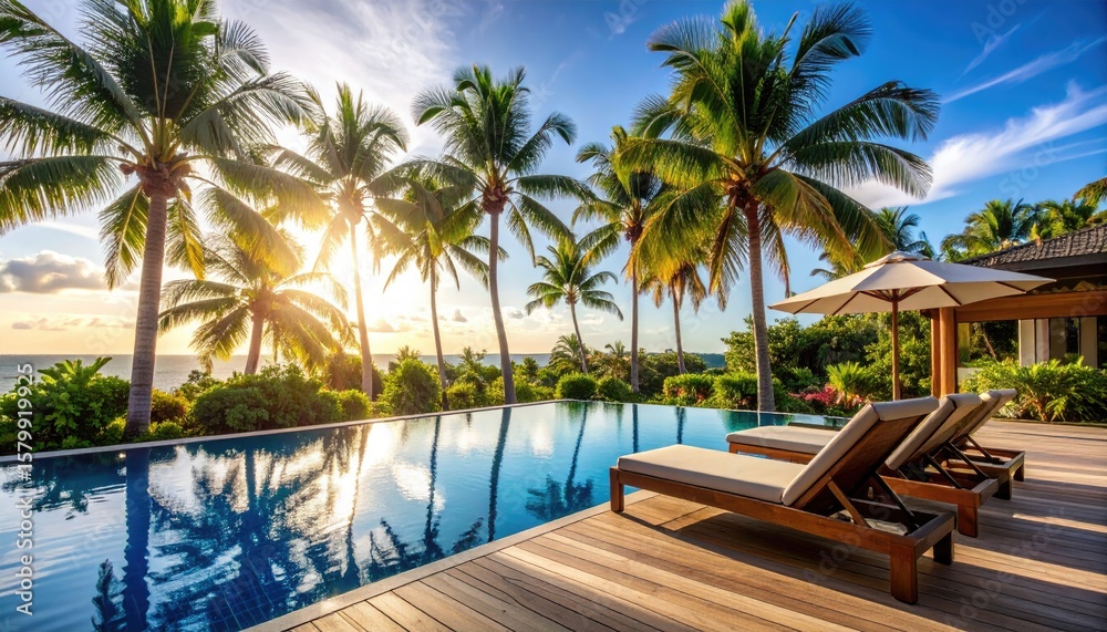 Fototapeta premium Tropical paradise poolside at sunset