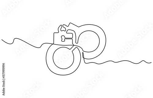 One line continuous drawing design of Handcuffs isolated on white background, Handcuffs in one continuous line drawing. Symbol of police justice and jail prison concept in simple linear style. True.