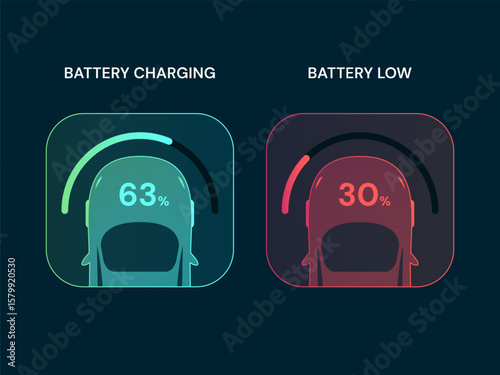 Top view electric car show dashboard status interface EV Car Battery Charging, Battery Low loading bar vector design concept. Electric car charging for EV station, EV business, ui, infographic, web.