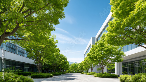 p3685236 66 Modern eco-friendly factory harmonizing industry with nature under a blue sky and lush green leaves, showcasing sustainable production 34185302 1