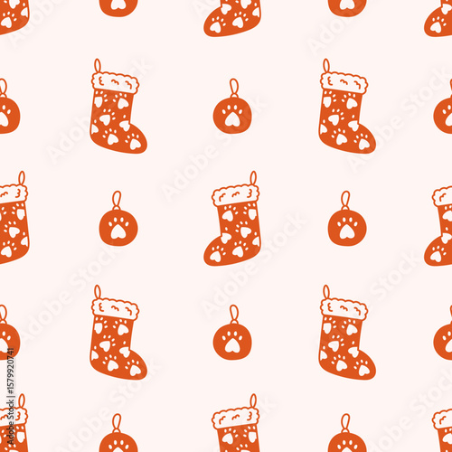 Christmas Stocking and Baubles Seamless Pattern Minimalist playful Holiday background for pets with paw print and hanging celebration decoration. Cat and Dog Repeat vector illustration in doodle style