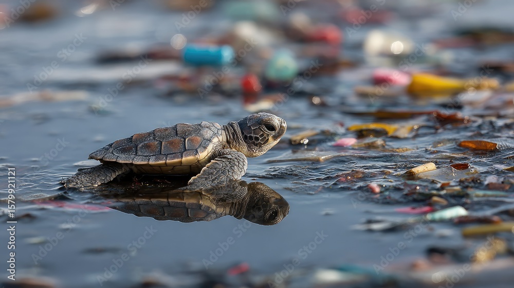 Fototapeta premium Baby sea turtle struggling on polluted beach surrounded by colorful plastic debris and marine waste highlighting environmental issues