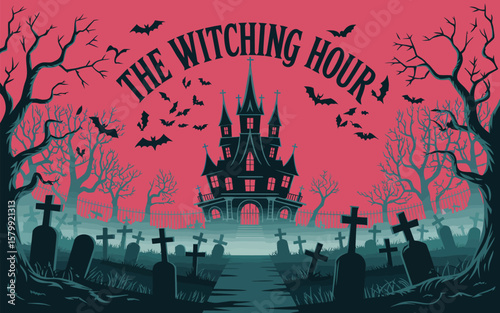Halloween Background Design Featuring Spooky Graveyard Scene with Naked Trees, Tombstones, Flying Bats, and Empty Copyspace Perfect for Posters, Invitations, and Digital Art

