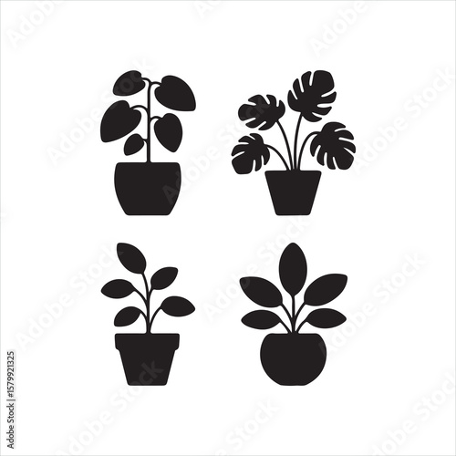 Four Simple Plant Pot Icons, Black Silhouettes on White