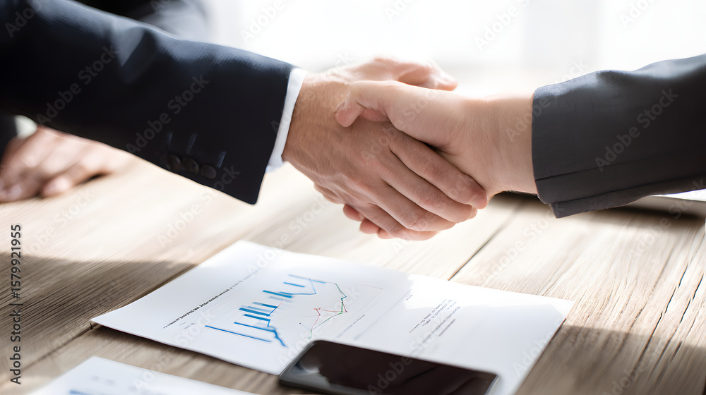 Ultra Realistic Depiction of Strong Handshake Amid Business Documents on a Wooden Table in Office Setting Ultra Realistic Depiction of Strong Handshake Amid Business Documents on a Wooden Table in Office Setting