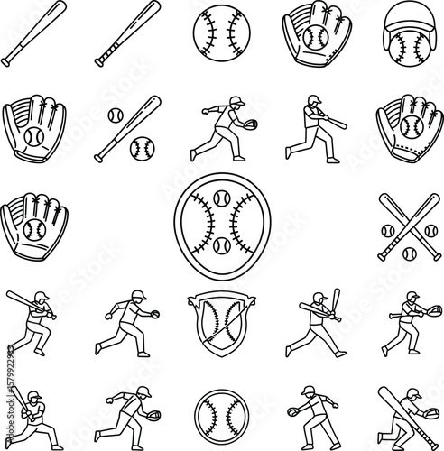 Baseball Equipment and Player Outline Icons Collection

