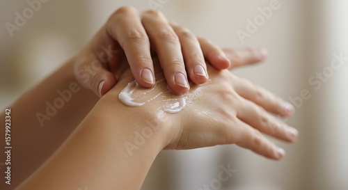 Closeup of body lotion being absorbed into the skin of the hands, with soft texture, natural tone, and wellness theme, ultra detailed, 