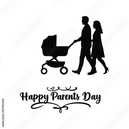 Happy Parents Day Silhouette Parents with Baby Stroller Family Love