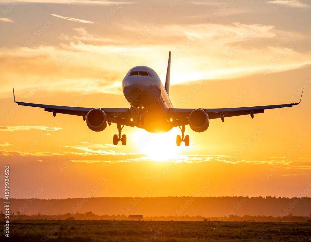 Fototapeta premium Airplane landing at sunset (2)