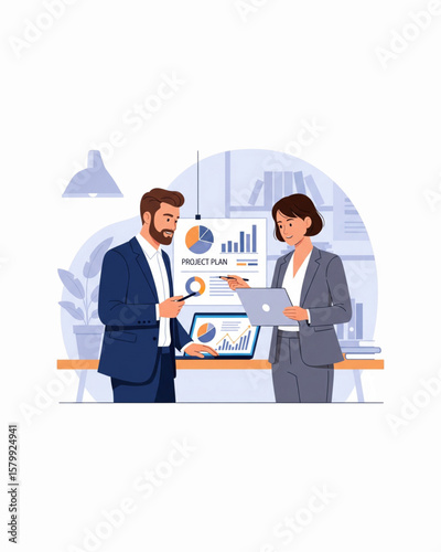 Professional flat illustration: four people engaged in diverse business activities.