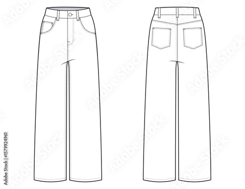Women’s High-Waisted Wide-Leg Denim Jeans- Five Pocket- Front and Back View- Flat Vector Illustration- wide Leg Jeans Cad Mockup 