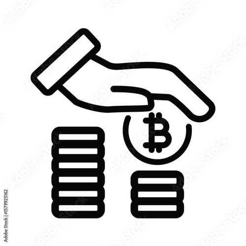 Hand places a bitcoin coin onto stacks of coins. Cryptocurrency investment, finance concepts, digital currency, blockchain technology, financial growth visualization.
