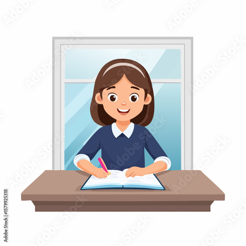 Clean vector animation showing a girl sitting near the window in class, writing and occasionally looking out