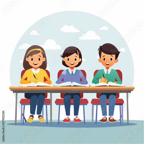 Vector animation of a diverse group of students seated at desks, all writing in their workbooks with different expressions