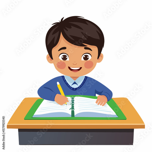 Vector animation of a student flipping a page in their notebook and continuing to write with focus