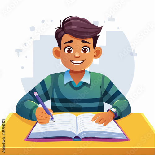 Vector-style animation of a student sitting at a desk with a pencil case, writing carefully during writing class