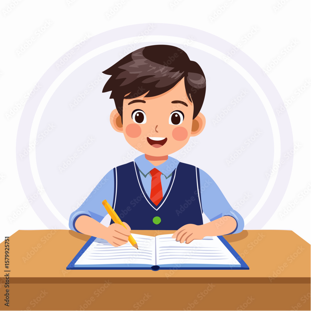 Flat vector animation showing a boy in a school uniform focused on writing during a classroom activity Flat vector animation showing a boy in a school uniform focused on writing during a classroom activity