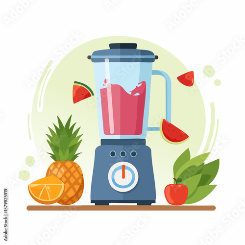 Flat vector-style animation of someone using a blender to make a smoothie, with fruit pieces and liquid blending