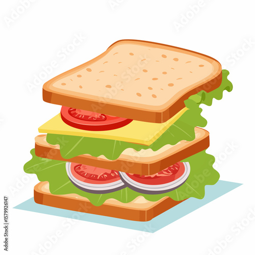 Vector-style animation showing the step-by-step of making a sandwich: spreading butter, adding lettuce, cheese, and meat
