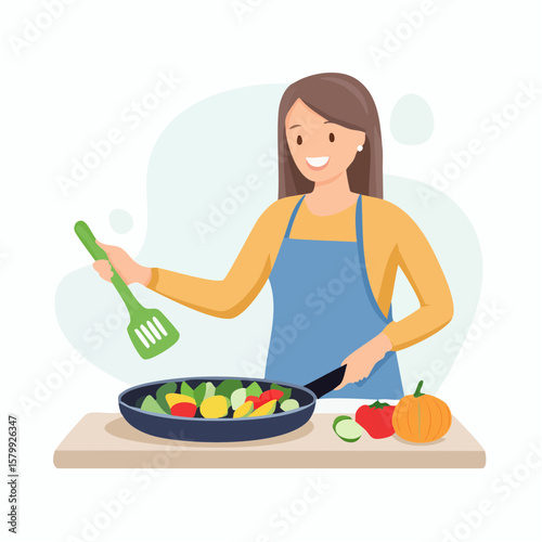 Minimalist vector animation showing someone frying vegetables in a pan with a spatula