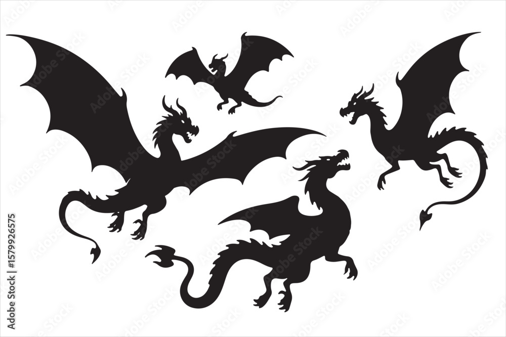 Naklejka premium Flying Dragon Silhouettes – Fantasy Vector Creatures Clipart Set