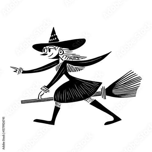 Linocut witch ride broom illustration white art vector