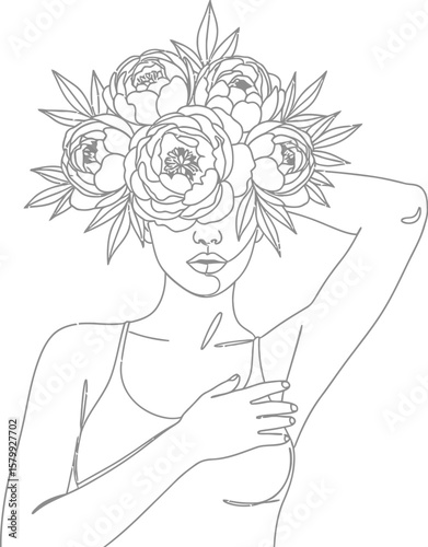 Woman with floral crown line art vector illustration for beauty and fashion related design projects use