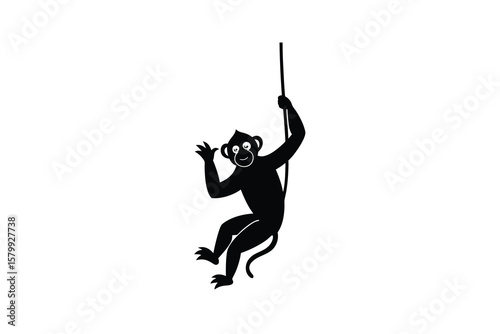 Playful Monkey Hanging on a Rope A Black Silhouette Illustration on a Clean White Background silhouette