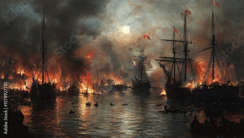 Wallpaper Mural Naval battle at night, ships ablaze Torontodigital.ca