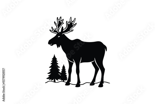 Majestic Moose Standing Tall with Evergreen Trees in a Black and White Silhouette Style silhouette