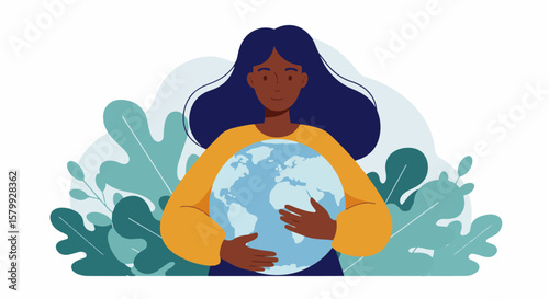 Woman holding a globe, surrounded by plants, symbolizing environmental care and sustainability.