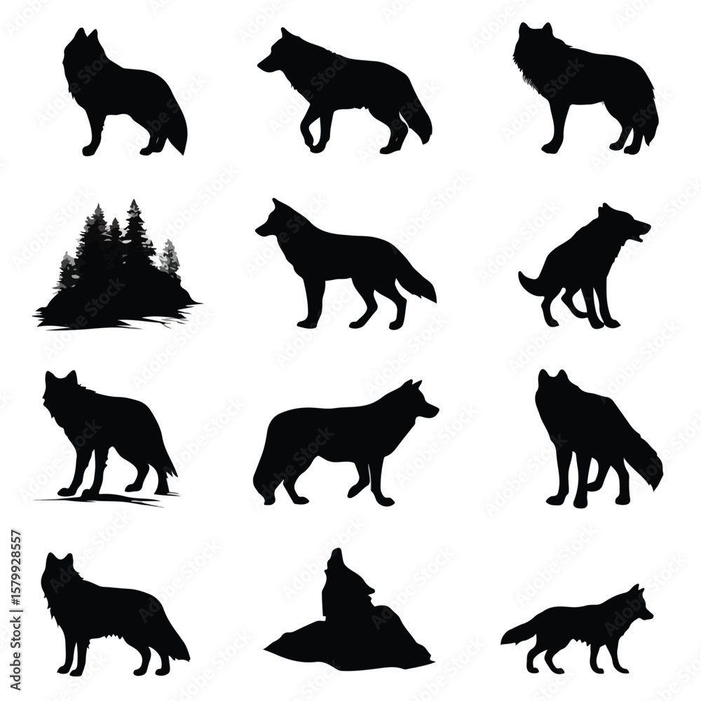 Obraz premium wolf silhouette set, Black & White silhouette set