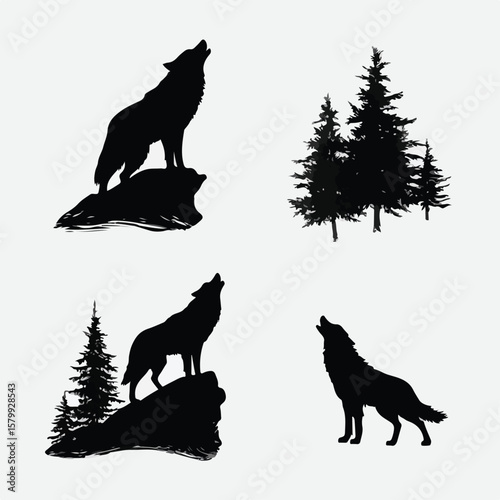 wolf silhouette set, Black & White silhouette set